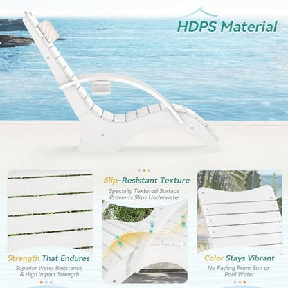 Pool Lounge Chairs with Armrest & Cup Holder, 8-10in Shallow Water | HDPS Fade Resistant, Headrest, 330lbs Capacity, Outdoor Beach Deck Sun Tanning Lounger, White