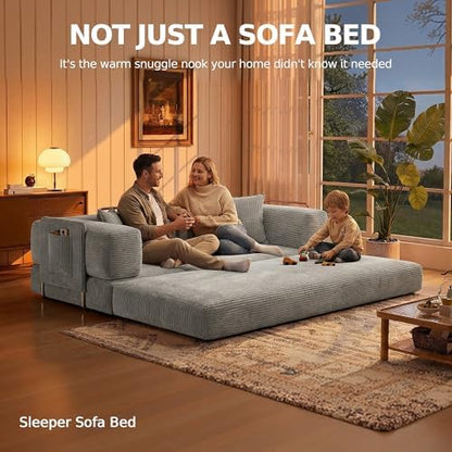 MoonSpeak 78.8'' Futon Sofa Bed, Couches for Living Room | Corduroy Convertible Futon Sofa Bed with Storage Pocket, Modular Sleeper Couch in a Box, No Assembly (Gray)