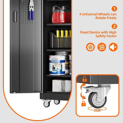 Aobabo Metal Storage Cabinet with Wheels and Door Pegboard | Garage and business storage for tools and office supplies; 5 adjustable shelves, lockable black cabinet, 16"D x 32"W x 71"H