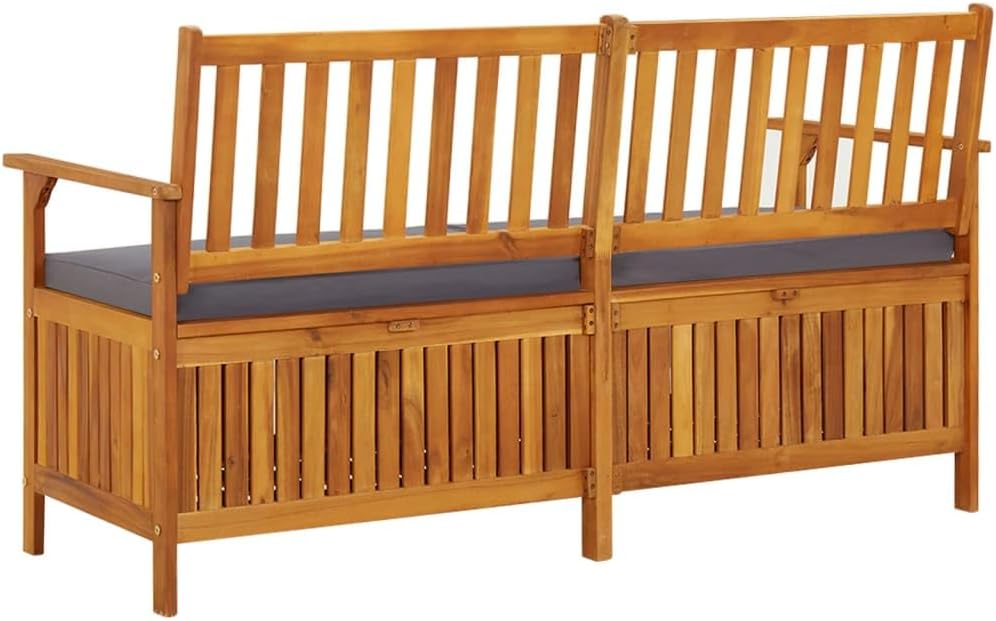 Storage Bench with Cushion Solid Wood Acacia 58.3" Durable Patio Furniture Outdoor Bench Seat for Garden Porch Front Porch Furniture with Ample Storage Space