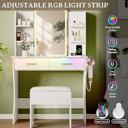 Makeup White Vanity Desk with Lights and Mirror, Small Vanity for Bedroom | Vanity set with Stool, 3 Lighting Modes, Adjustable Brightness, Storage Shelves, Hair Dryer Holder and Spacious Tabletop