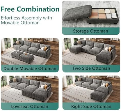 Modular Sectional Sofa, 132" U Shaped Couch with Storage, Chenille | High Resilience Foam, 22" Seat Depth, Movable Ottoman, Comfy Chenille, Easy Assembly, Dark Gray