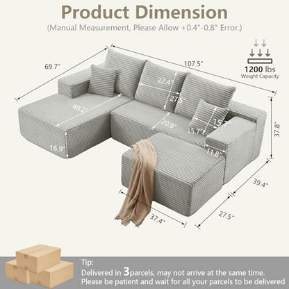 Lakifun 107" L-Shape Sofa with Ottoman, Modern Modular Sectional Comfy U-Shape Cloud Couch, Deep Seat, Upholstered Corduroy Sleeper Chaise Longue for Living Room Bedroom, No Assembly Required, Grey