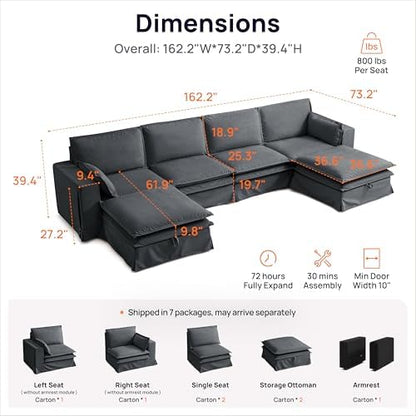162" Washable Oversized Modular Sectional Sofa Couches for Living Room,Grey | Waterproof Performance Fabric, Cloud Couch Sectional with Fully Removable Cover, 4-Seater with 2 Storage Ottoman, U-Shaped