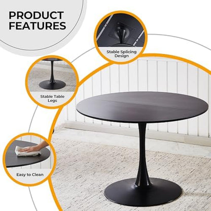 42" Tulip Table for 4-6 Persons Modern Round Dining Room Table, Mid-Century Modern Black Small Kitchen Table with MDF Wooden Top, Leisure Coffee Table for Living Room, Dining Room, Office