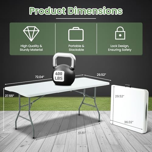 6FT White Plastic Folding Table Heavy Duty Tables Set of 5 | HDPE Tabletop Fold-in-Half Portable Utility Foldable Carrying Handle for Party Picnic Dining Office Event Indoor & Outdoor