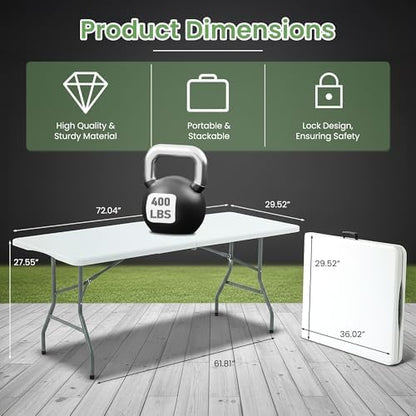 6FT White Plastic Folding Table Heavy Duty Tables Set of 5 | HDPE Tabletop Fold-in-Half Portable Utility Foldable Carrying Handle for Party Picnic Dining Office Event Indoor & Outdoor
