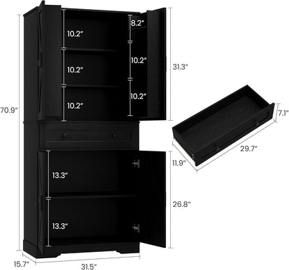 Garvee 71" Kitchen Pantry Cabinet, Barn Door Freestanding Cupboard with Drawer, Sliding Storage Rack, and 6 Hanging Shelves for Kitchen, Dining Room, Living Room Bedroom