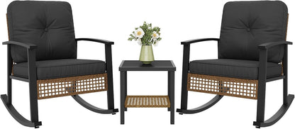 Aoxun 3 Piece Outdoor Rocking Chairs Bistro Set, Rattan Patio Furniture with Thick Cushions & 2-Tier Coffee Table, Patio Rocking Chairs Set of 2 for Garden, Porch, Balcony Black