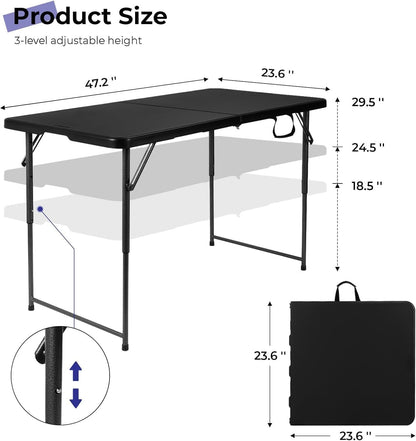 4FT Folding Table Heavy Duty 350 LBS, 3 Adjustable Heights Fold-in-Half Portable Table with HDPE Waterproof Top for Camping, Party, Craft, Card Game - Coffee Table to Dining Height, Indoor Outdoor