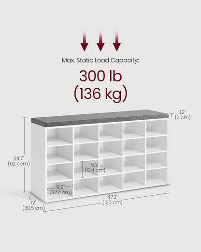 VASAGLE Custos Collection - Shoe Bench, Storage Bench with Padded Seat, Entryway Bench with 20 Compartments, for Bedroom, 12 x 47.2 x 24.7 Inches, Cloud White and Dove Gray ULHS045WB01
