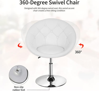 PayLessHere Living Room Vanity Chair Makeup Chair Swivel Accent Chair Round Back Height Adjustable PU Leather Modern Chair for Makeup Room Small Desk,White