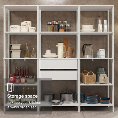 Madesa Kitchen Pantry Storage Rack with 2 Drawers and Open Shelves 74" L Multiuse Modular Cabinet for Kitchen Organization - White