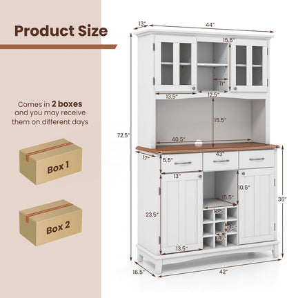 PETSITE Kitchen Pantry Storage Cabinet, Freestanding Microwave Cupboard with Tempered Glass Cabinet, Wine Rack, Adjustable Shelves, Buffet with Hutch for Living Room, Dining Room, White