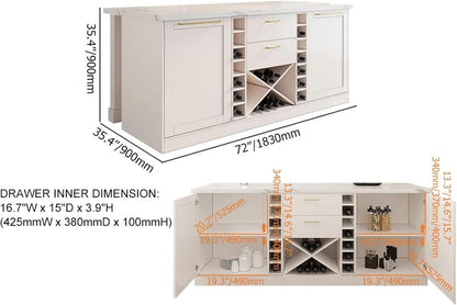 72" Kitchen Island with Storage,White Marble Melamine Cabinet with Drawers, Shelves & Wine Rack for Kitchen or Dining Room