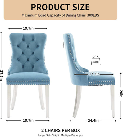 Velvet Dining Chairs Set of 4, Tufted Upholstered High Wingback Chairs with Nailhead Trim & Pull Ring, Silver Stainless Steel Legs for Dining Room, Sillas de Comedor, Light Blue