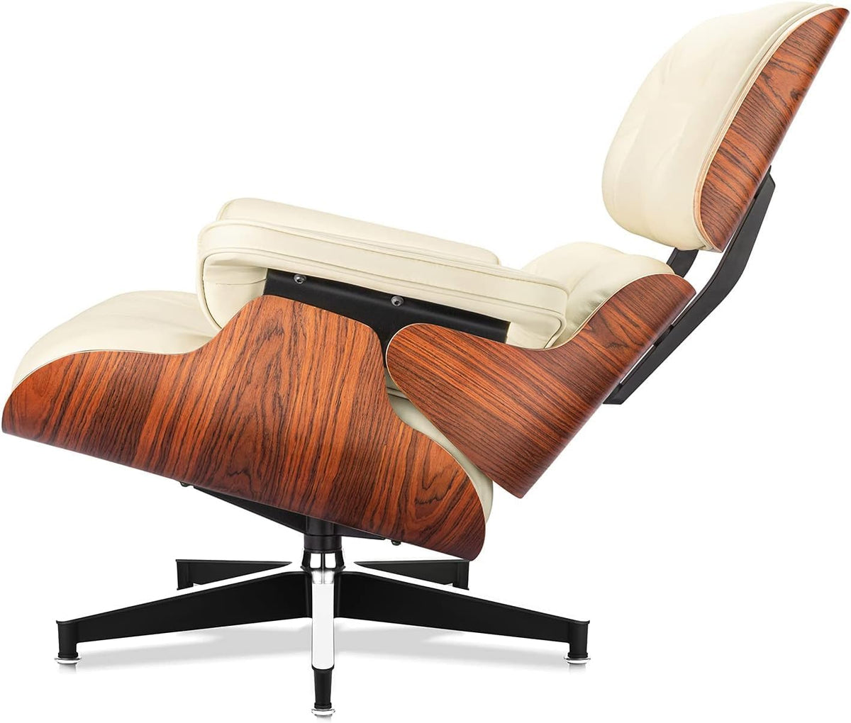 Top Black Grain Leather, Mid Century Chaise Lounge Chair and Ottoman, Modern Chair Classic Design, Ash Wood, Heavy Duty Base Support for Living Room Office