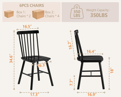 PrimeZone Windsor Dining Chairs Set of 6 - Solid Rubber Wood Farmhouse Kitchen Chair with Spindle Back, Mid-Century Modern Side Dining Chair for Dining Room, Kitchen & Restaurant, Black
