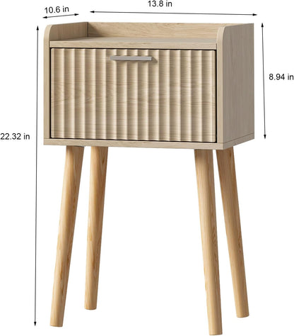 LAATOOREE Nightstand Set of 2, Small Bed Side Table with Fluted Door, End Table with Solid Wood Legs, Mid-Century Bedside Table for Bedroom Small Space
