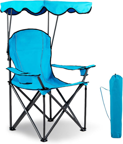GYMAX Camping Chair, Folding Outdoor Lawn Chair with Canopy, Carry Bag & Cup Holder, Portable Heavy Duty Camp Chair for Outside Travel, Picnic, Beach Soccer Chairs