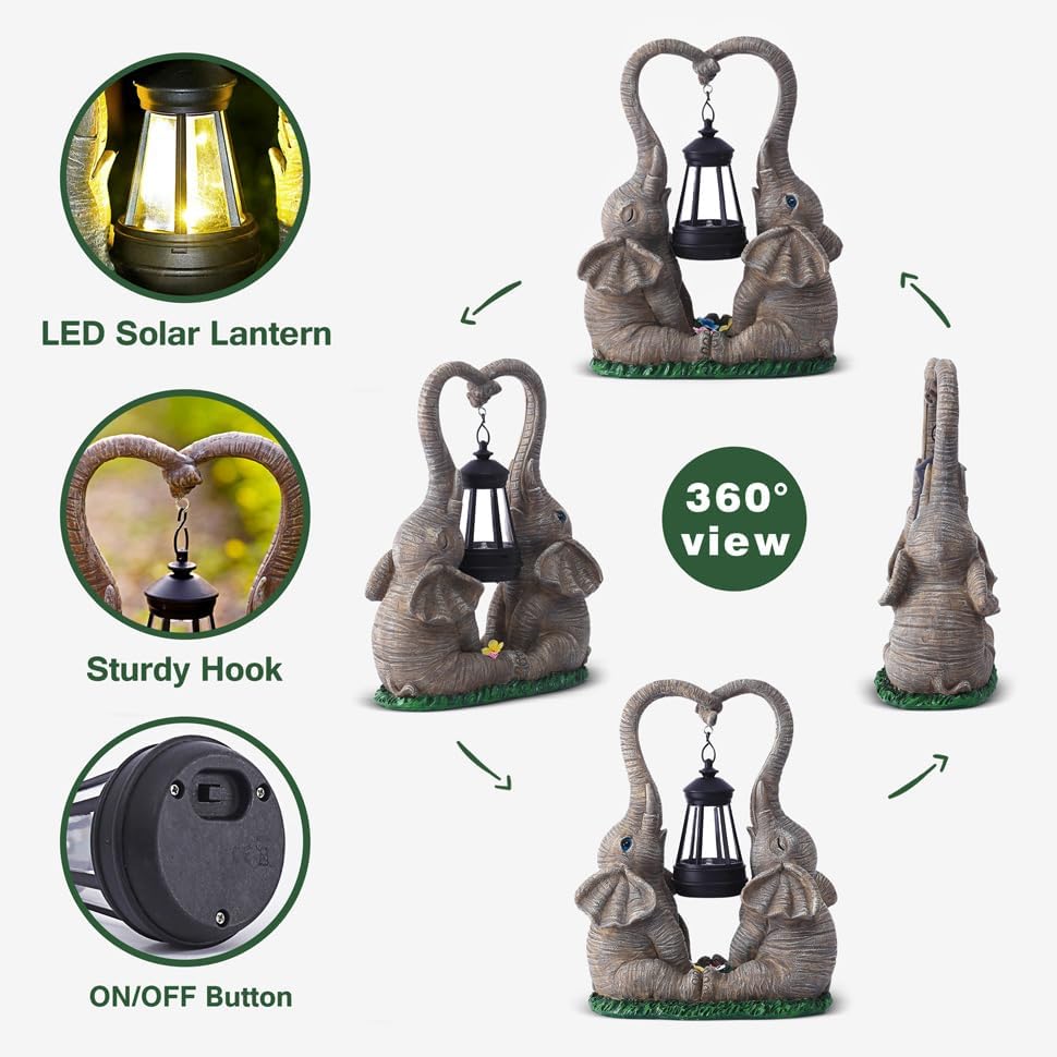 Elephant Statue Garden Decor with LED Solar Lights-Set of 2 Good Luck Elephant Outdoor Statue Christmas Decorations for Yard Patio,Porch,Home -Mothers Day Gifts for Women, Mom, Grandma
