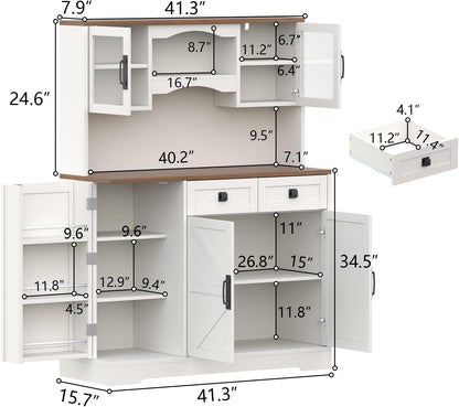 Loomie 60" Tall Farmhouse Pantry Cabinet, Kitchen Hutch with 2 Drawers, Kitchen Pantry Storage Cabinet with Adjustable Shelf and Microwave Stand, Food Pantry Cabinet for Living Room, Kitchen (White)