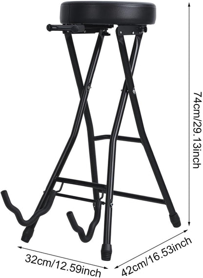 Guitar Stool, Foldable Padded Seat with Built-in Stand & Footrest, Retractable Hook Non-Slip Feet for Acoustic Electric Bass Home Studio Practice (Black-B)