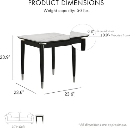 Furniture of America Miranda Modern Solid Wood 23.6-inch Square End Table with Sintered Stone Top, Silver-Capped Arrow Legs for Living Room, Black and White
