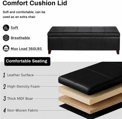 51 Inch Storage Ottoman Bench, Faux Leather Foot Rest with Hinged Lid, Long Rectangle Bed Bench for Living Room, Bedroom, Entryway, Black