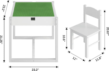 4NM 3 in 1 Kids Table Set, Children Tables and Chairs, Toddler Play Activity Table with Hidden Storage Wood Building Block Desk for Ages 3-7 - White Green