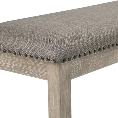 Pemberly Row Contemporary Wood and Fabric Dining Bench, 63.5" Wide, Wire-Brushed Brownish Gray Finish, Light Gray Linen Upholstery, Nailhead Trim, Rustic Style Kitchen or Dining Room Seating