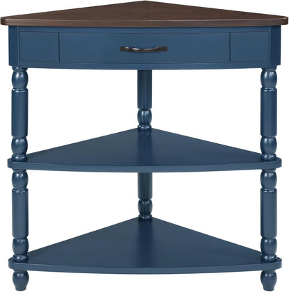 33.8'' Small Triangle Corner Table,3 Tier End Table with Open Shelf and Solid Wood Legs,Wood Corner Side Table with 1 Storage Drawer for Bedroom,Living Room,Small Spaces (Navy Blue-14)