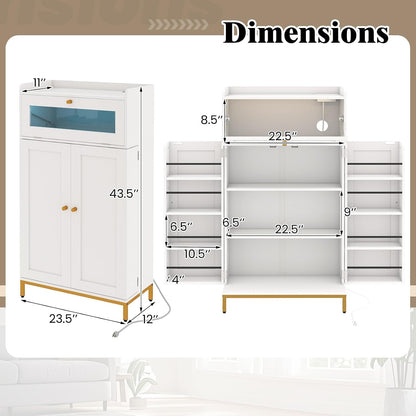 LOKO Kitchen Pantry Cabinet, Freestanding Food Storage Cupboard with Power Outlet & APP Control LED Lights, Modern Buffet Sideboard with Acrylic Flip Door & Shelves for Dining Room, White and Gold