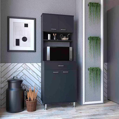 Pantry Cabinet 67" H, Four Doors, One Drawer, Three Internal Shelves, 2 External Storage Shelves, Microwave Storage Option, Four Legs, Black