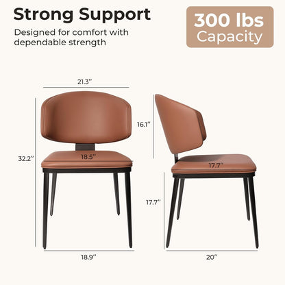 Dining Chairs Set of 2, Modern Armless Faux Leather Kitchen Chairs with Curved Back, Easy to Assemble & Clean for Dining Rooms, Cafes, Restaurants, and Small Spaces, Brown