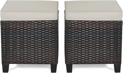 RELAX4LIFE 2-Piece Patio Ottoman Set - Wicker Footstools, All Weather PE Rattan Ottoman with Removable Cushions, Square Footrest Seat, Outdoor Stools for Garden, Porch, Pouf Ottoman (Brown)