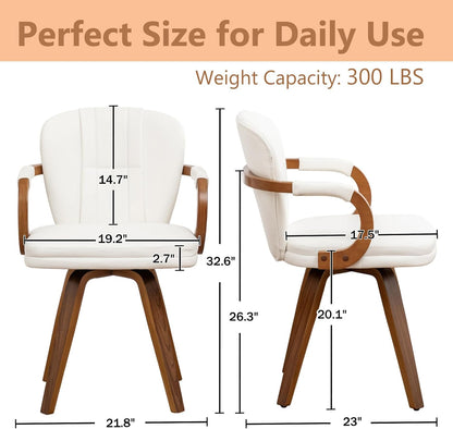 Swivel Dining Chairs Set of 2 Mid Century Modern White Faux Leather Upholstered Kitchen Chairs with Bentwood Frame Armrests Side Chairs,Comfortable Ergonomic Wood Accent Chair No Wheels
