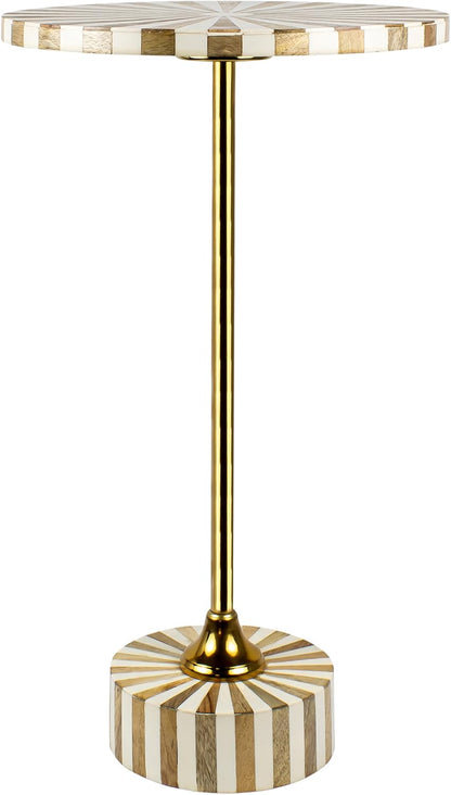 JONATHAN Y Calix 23.5" Round Sunburst Pedestal Drink Table, Light Brown | Modern Art Deco Style, Glossy Gold Metal Candlestick Leg, Ideal For Small Spaces, Living Room Or Bedroom, Spill-Proof Top