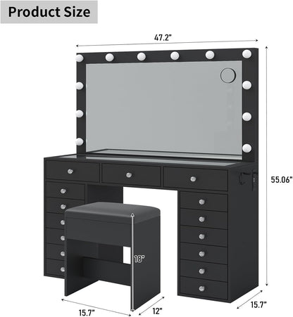 FUSOU 15 Drawers Vanity Desk with Mirror and Lights, Black | 47'' Makeup Vanity with Charging Station, 3 Color Modes Adjustable Brightness, Glass Top Vanity with Stool for Bedroom