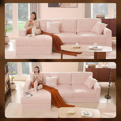 GOSUHI 113" L-Shaped Cloud Couch, Modular Sectional, Deep Seats, Pink | Pocket Spring Cushions, Oversized 3-Seater, Left Facing Chaise, Corduroy Upholstery Couches for Living Room