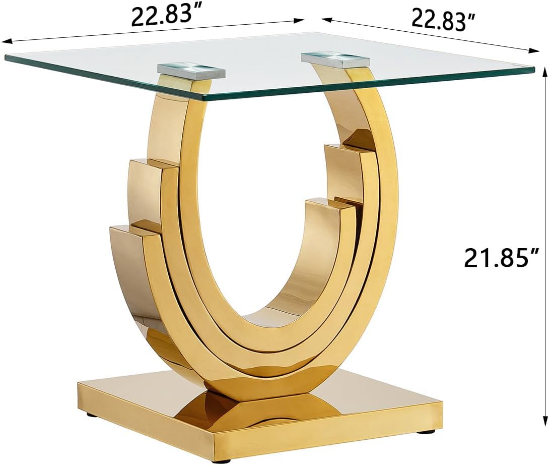 Gold Glass End Table, Modern 22.8" Square Sofa Side Table for Living Room, Tempered Glass End Bedside Table Nightstand with Ring-Shape Stainless Steel Base for Bedroom Home Office