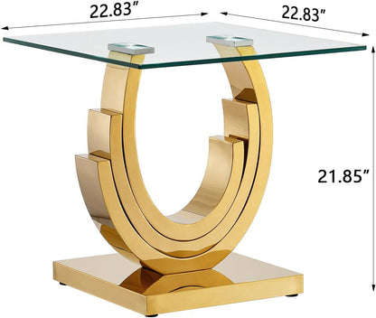 Modern End Table, Living Room End Table with Tempered Glass Top & Geometric Shape Stainless Steel Legs, Square End Table, Luxury Glass Sofa Side Table, Bedside Table, Small Accent Table, Gold