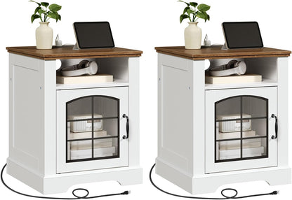 HOOBRO Farmhouse End Tables Set of 2 for Living Room, 17.7" Wide Nightstands with Charging Station, Wooden Sofa Side Tables with Tempered Glass Barn Door and Open Shelf, White and Walnut