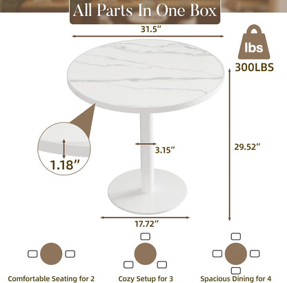 31.5'' Tulip Table, Round Pedestal Dining Table with Sintered Stone Tabletop, White Aluminum Alloy Edge & Base, Bistro Table for 2-4 Person for Kitchen/Cafe/Small Spaces/Restaurant (Snow Peak Marble)
