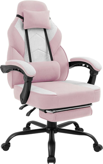 Gaming Chair for Adults with Massage Lumbar Suppor, Fabric Pink | Footrest
