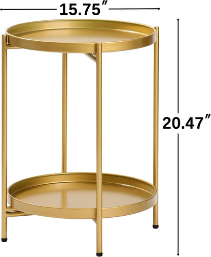 2-Tier Round End Side Table, Small Metal Side Table with Removable Tray, Folding Accent Tables for Living Room, Balcony, Nightstand for Bedroom, Outdoor Tables for Patio, Gold