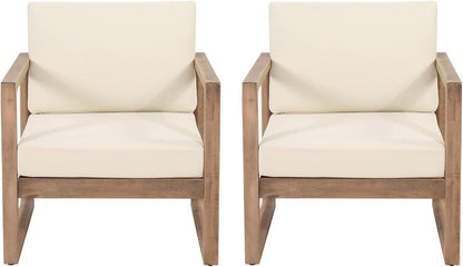 Acacia Wood Patio Club Chair Set of 2 with Water-Resistant Cushions, Outdoor Deep Seating Furniture for Garden, Porch, Backyard, Brown Wash with Beige Cushion