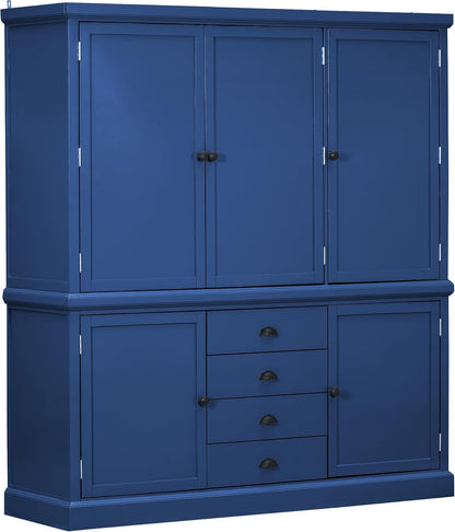 Merax 73''H Freestanding Wooden Kitchen Pantry Storage Cabinet, Organizers with 2 Upper & 2 Bottom Cabinets & 4 Drawers & 8 Adjustable Shelves, Anti-Tipping Device Cupboard for Dining Room, Blue