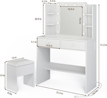 Haewon Makeup Vanity Desk with Lighted Mirror and Chair Set, White | 10 LED Light Bulbs, 3 Lighting Modes, Built-in Power Outlet, Storage Drawers and Shelves, for Bedroom