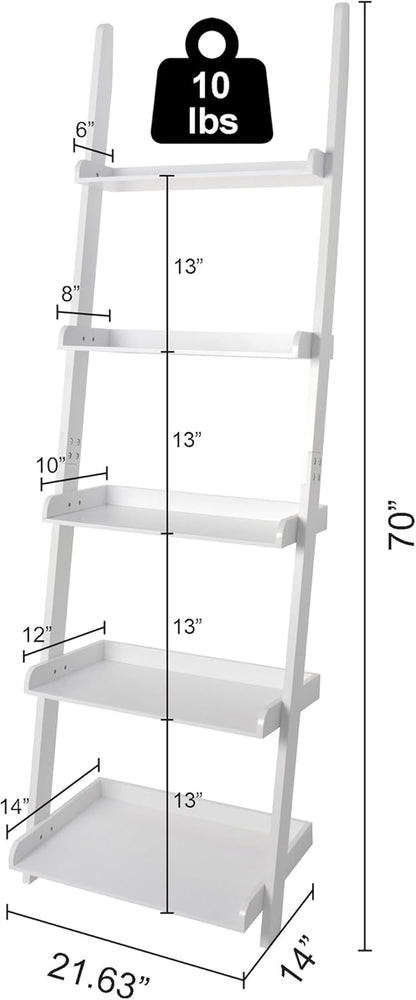 eHemco Modern 5 Tier Wall-Leaning Ladder Bookshelf Organizer, Storage Rack, 70 Inches, White